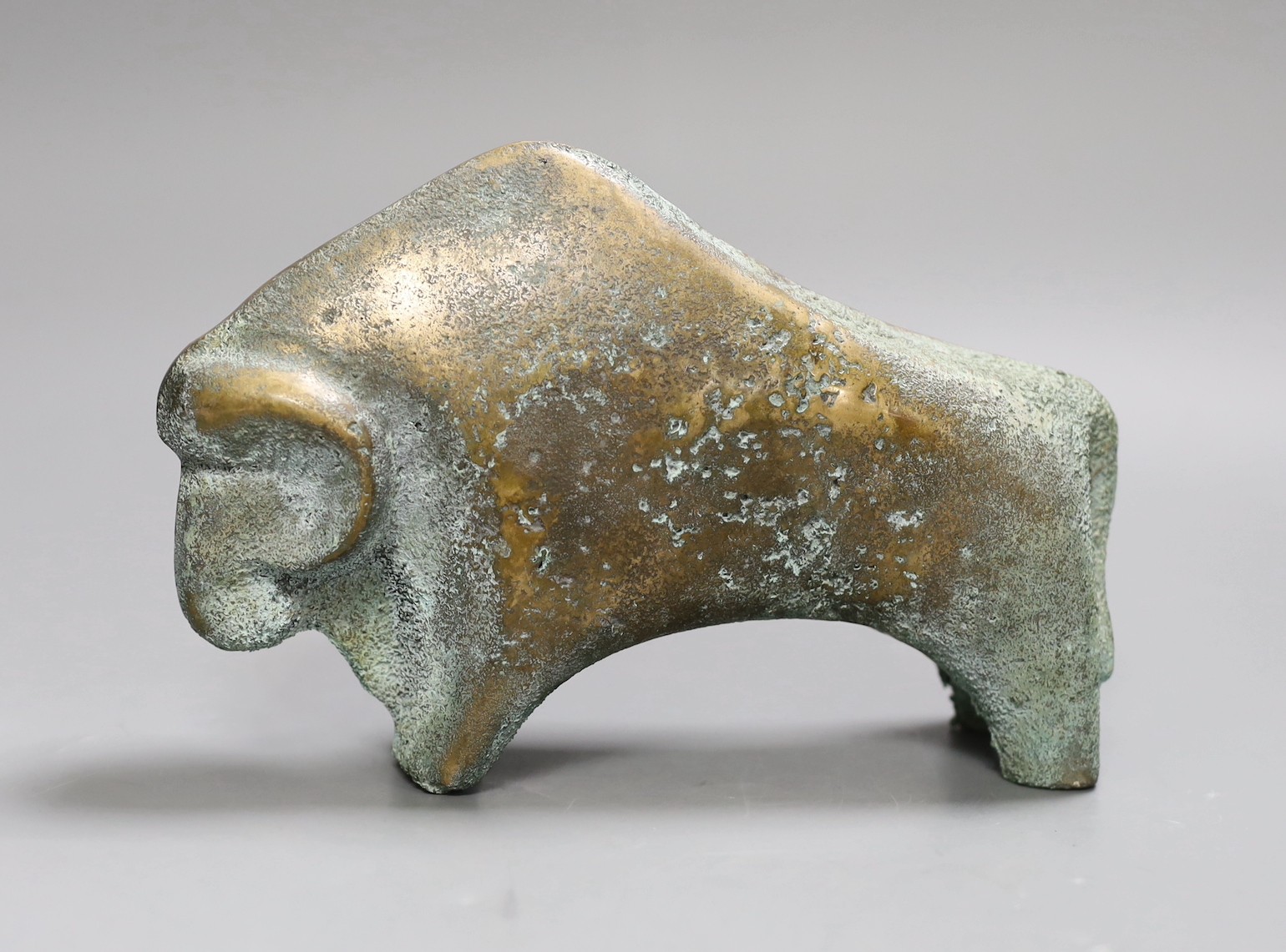 A verdigris bronze model of a buffalo, 20cm